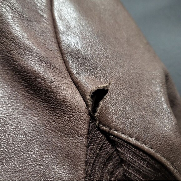 Veda Chocolate Brown Crop Leather Scoop Neck Zip Moto Biker Jacket - Picture 9 of 13
